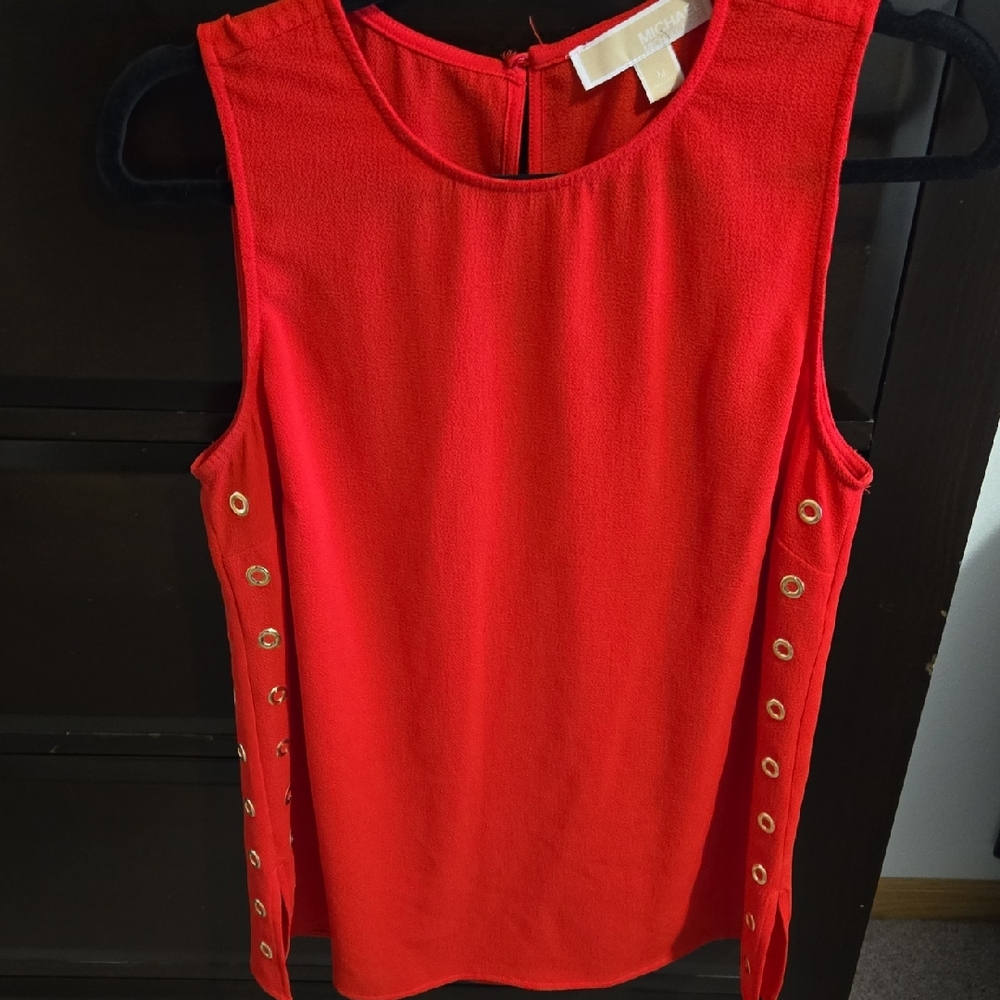 Michael Kors Red Sleeveless Shell Top with Gold Eyelet Detail